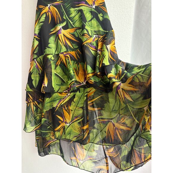 Asos Black Tropical Midi Skirt Tiered Chiffon Size 6 Romantic Flowy Date Floral - Picture 5 of 9